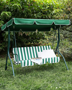 Altalena da giardino per patio con struttura in acciaio a rete a righe verdi a 3 posti con baldacchino