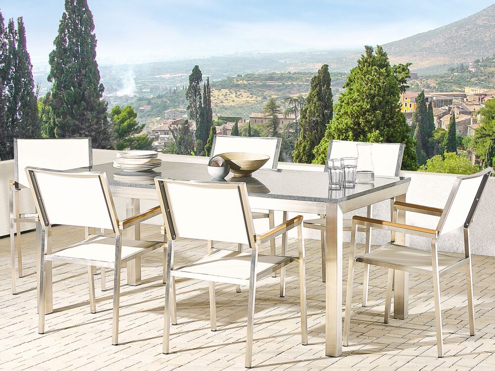 Set da pranzo da giardino bianco con piano in granito grigio 6 posti 180 x 90 cm