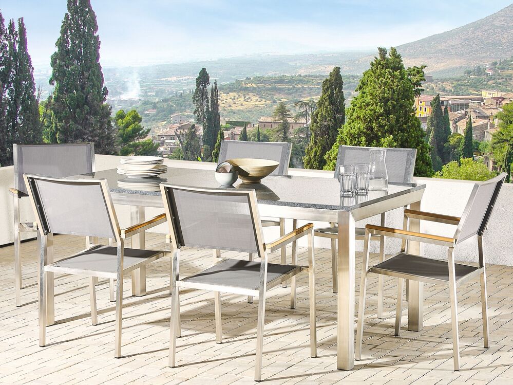 Tavolo da pranzo da giardino Piano in granito grigio e argento Gambe in acciaio inox esterne 6 posti 180 x 90 x 74 cm