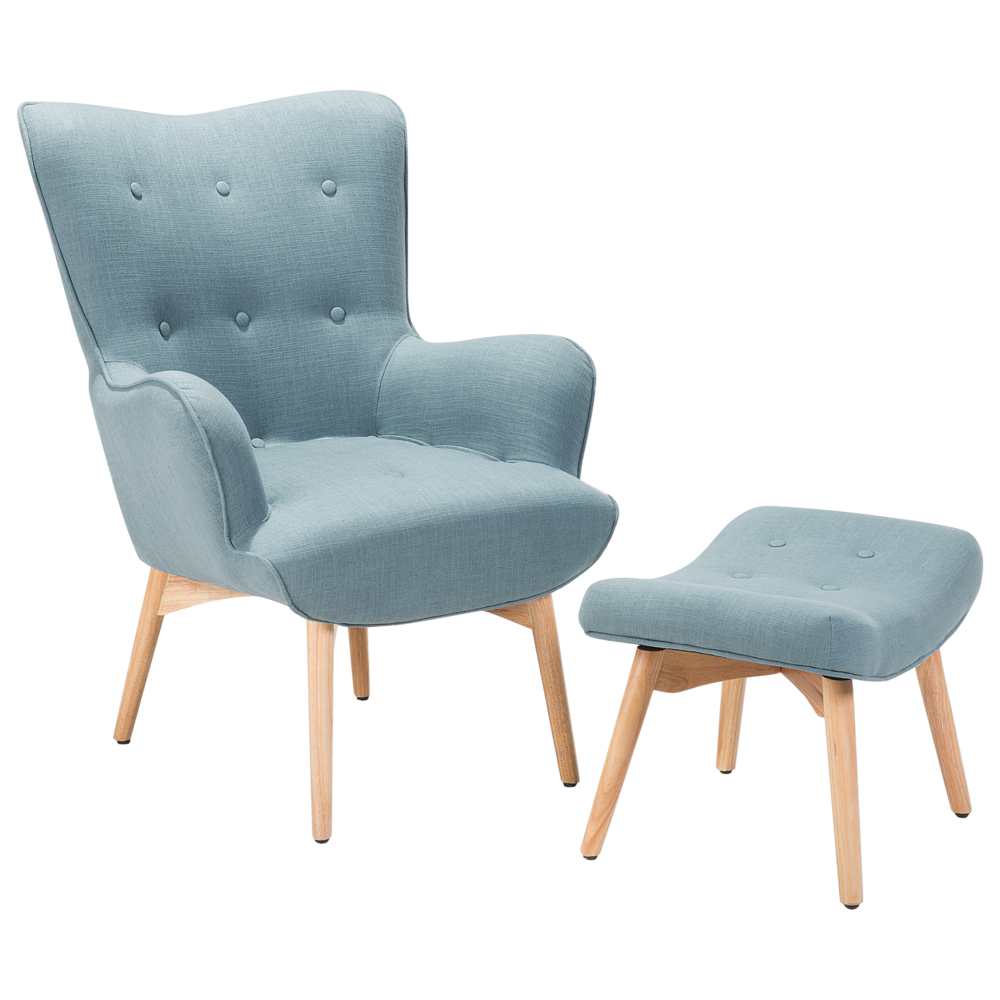 Sedia Wingback con ottomana in tessuto azzurro abbottonato in stile retrò