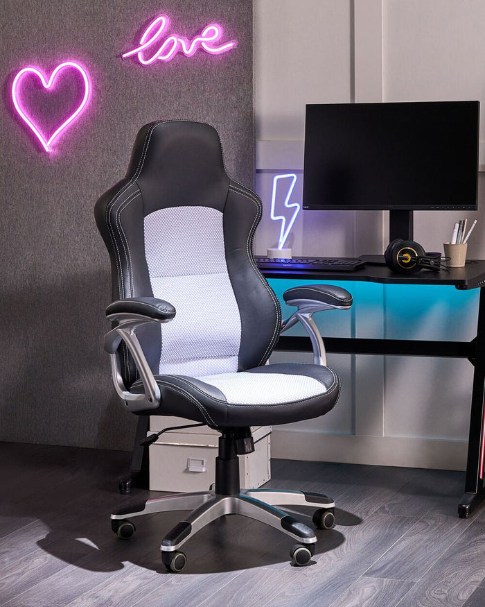 Sedia da ufficio in rete robusta nera con ecopelle di colore grigio regolabile