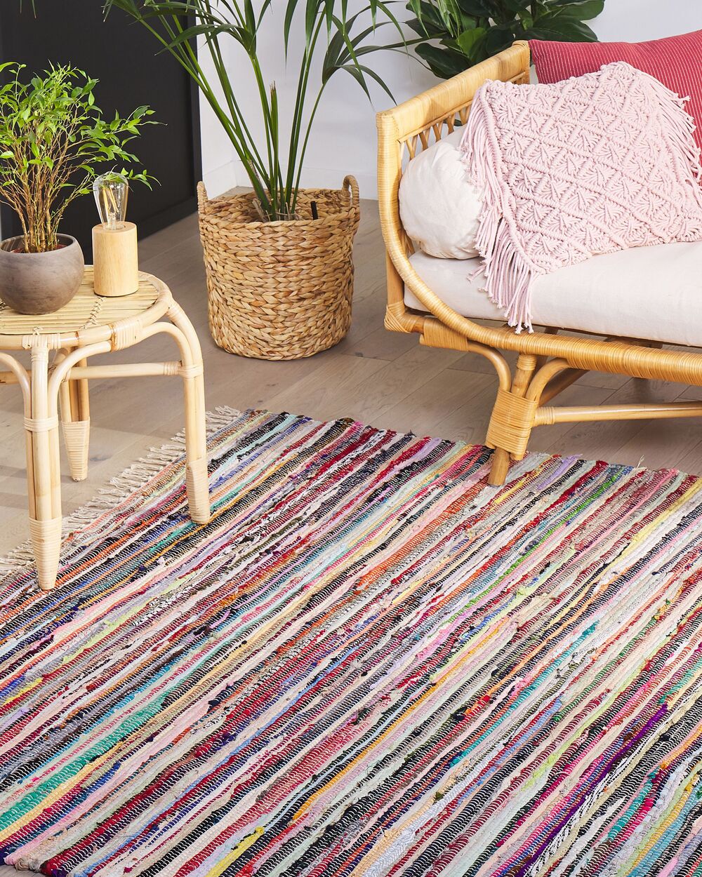 Tappeto da Zona Leggero Multicolore Cotone Poliestere 160 x 230 cm A Righe con Frangia Rettangolare Fatto a Mano Boho Eclettico