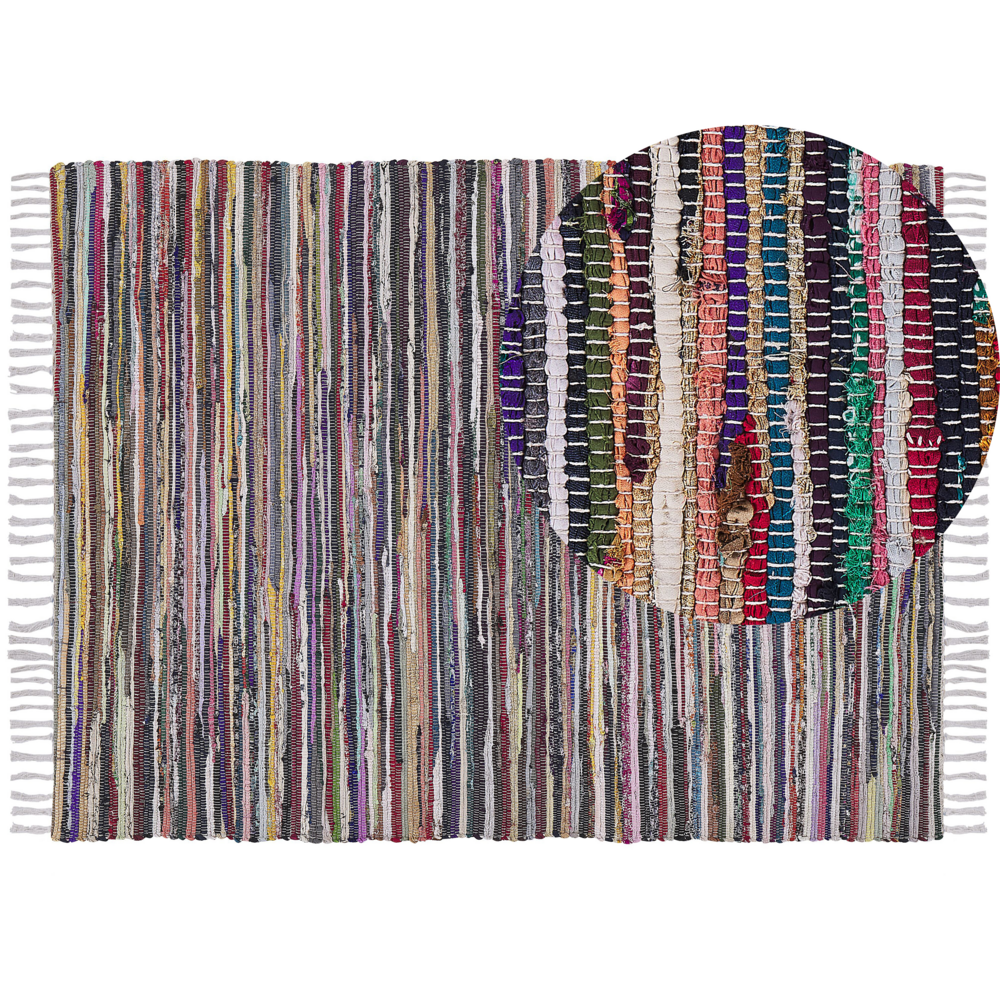 Tappeto da Zona Leggero Multicolore Cotone Poliestere 160 x 230 cm A Righe con Frangia Rettangolare Fatto a Mano Boho Eclettico