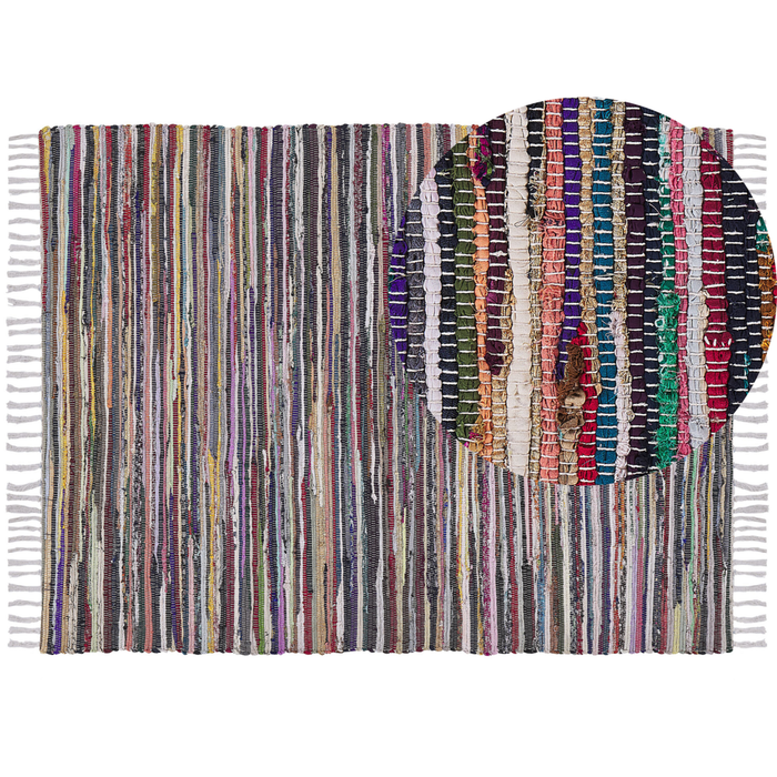 Tappeto da Zona Leggero Multicolore Cotone Poliestere 160 x 230 cm A Righe con Frangia Rettangolare Fatto a Mano Boho Eclettico