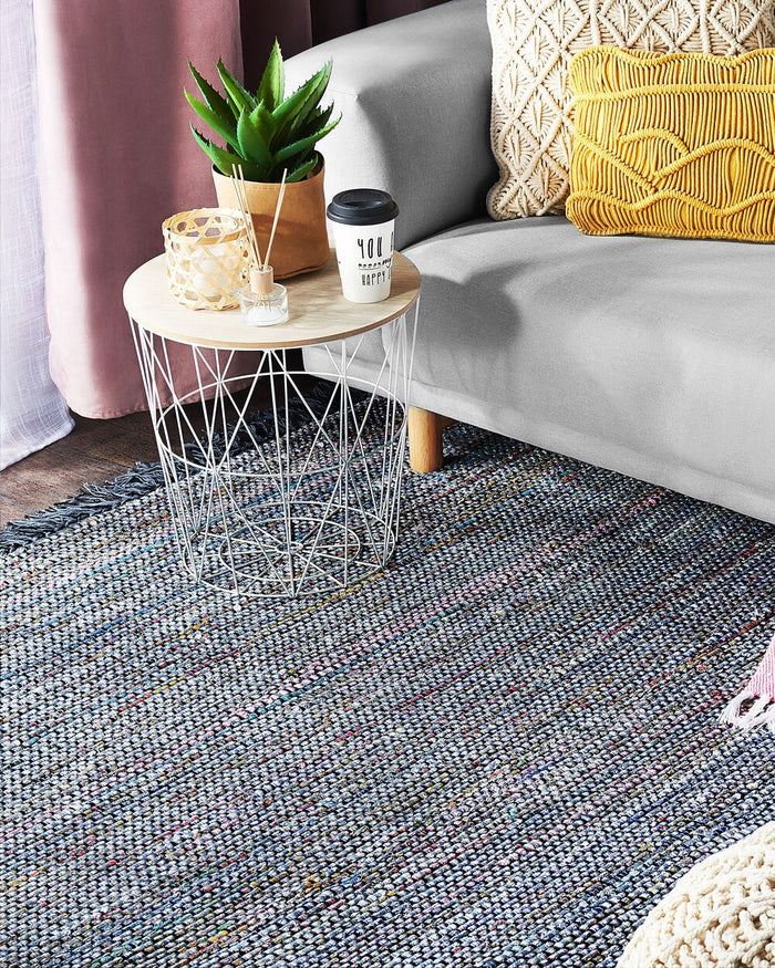 Tappeto di pezza in cotone grigio 140 x 200 cm con frangia rettangolare fatto a mano Boho