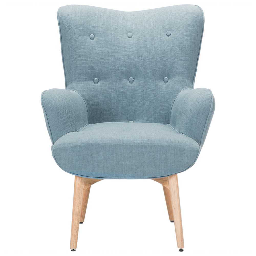 Sedia Wingback con ottomana in tessuto azzurro abbottonato in stile retrò