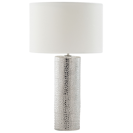 Lampada da tavolo Lampada da comodino con paralume a tamburo in finta seta con base a colonna in ceramica bianca