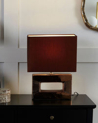 Lampada da Tavolo Base in Porcellana Rame Paralume Rettangolare in Simil Seta Marrone 42H cm Lampada da Comodino