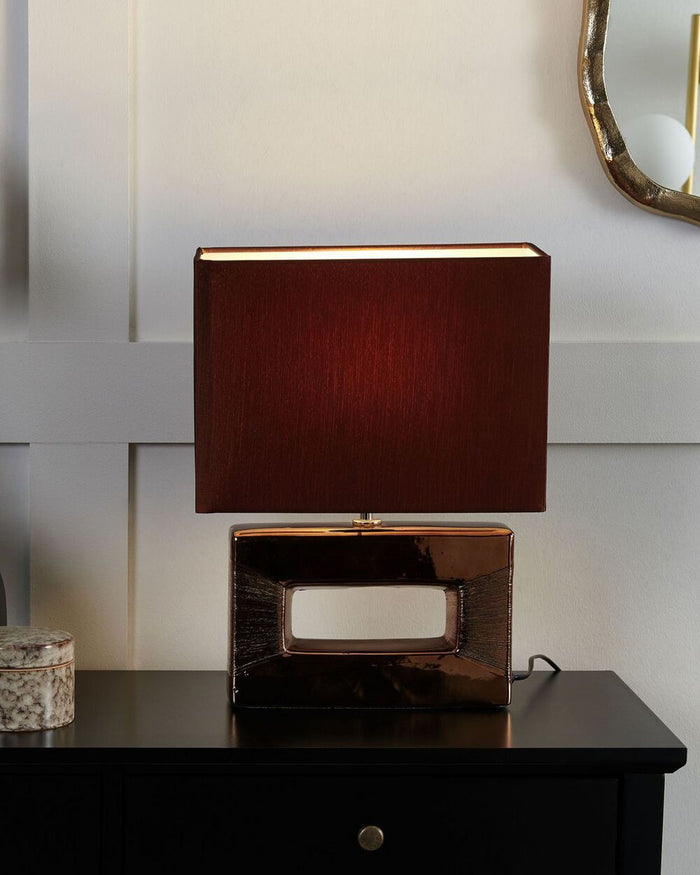 Lampada da Tavolo Base in Porcellana Rame Paralume Rettangolare in Simil Seta Marrone 42H cm Lampada da Comodino