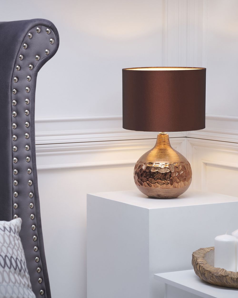 Lampada da Tavolo Marrone Porcellana Finta Seta Tamburo Paralume 43H cm Soggiorno Tradizionale