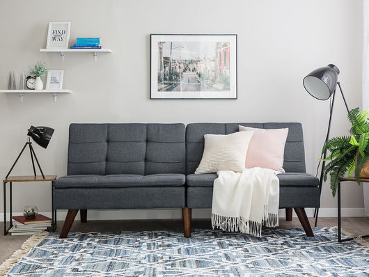 Divano letto grigio 3 posti trapuntato tappezzeria Click Clack Split indietro gambe in metallo