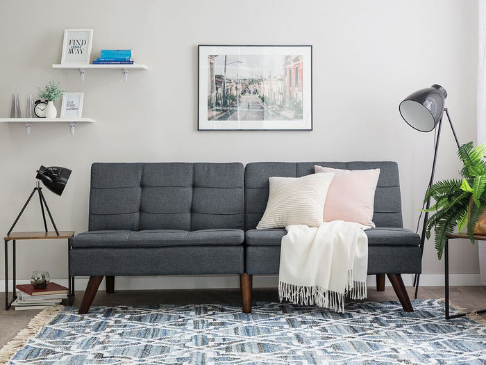 Divano letto grigio 3 posti trapuntato tappezzeria Click Clack Split indietro gambe in metallo