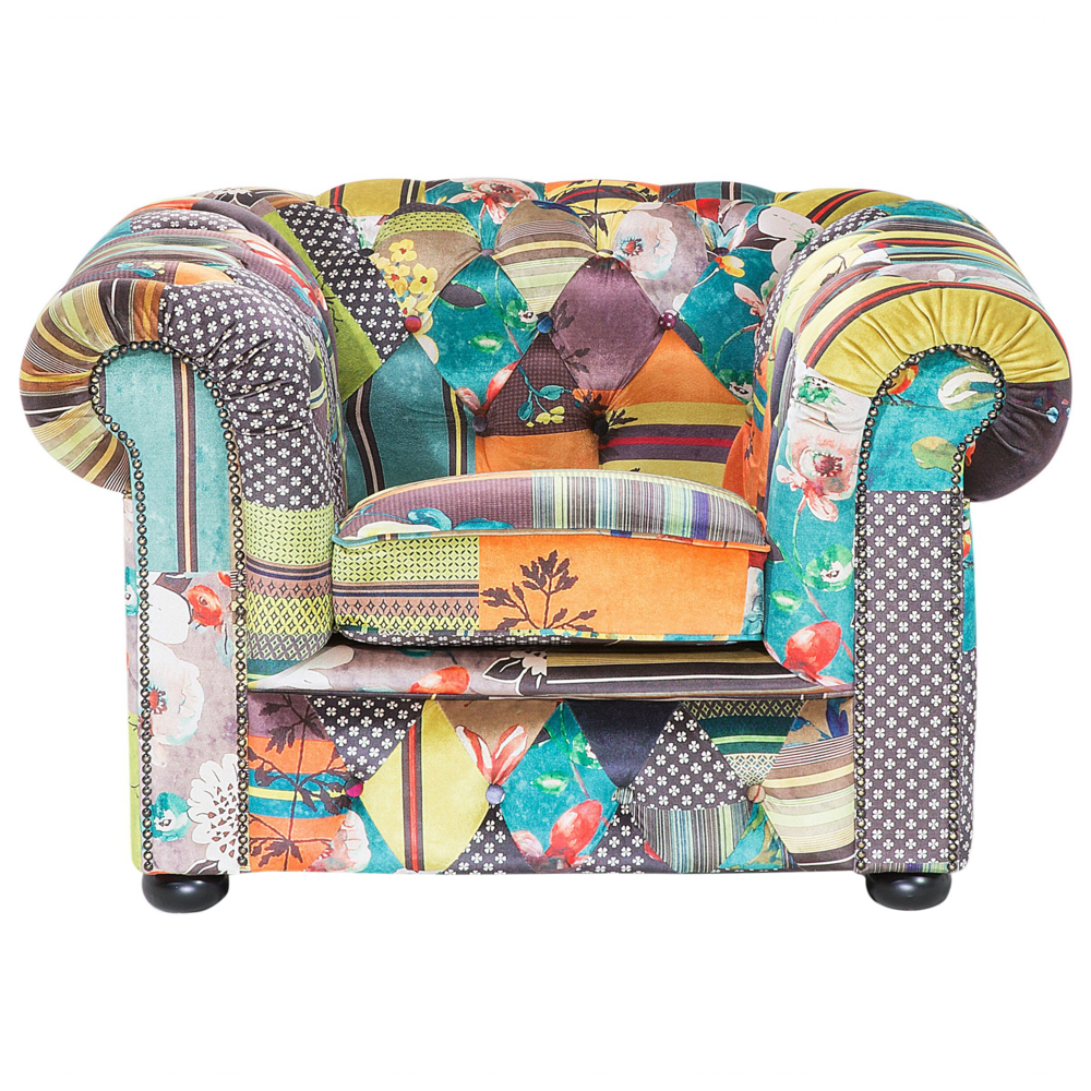 Poltrona Tessuto Multicolore Braccioli a voluta con inserti Giallo Patchwork Eclettico