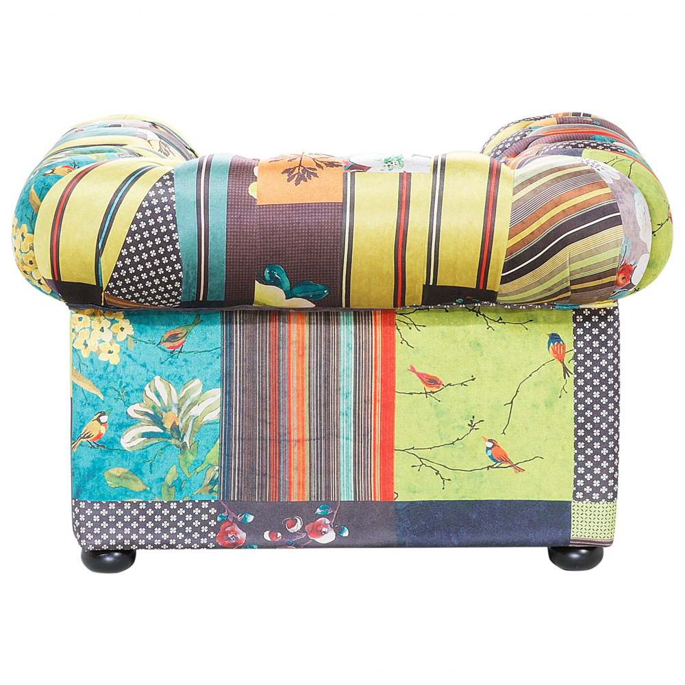 Poltrona Tessuto Multicolore Braccioli a voluta con inserti Giallo Patchwork Eclettico