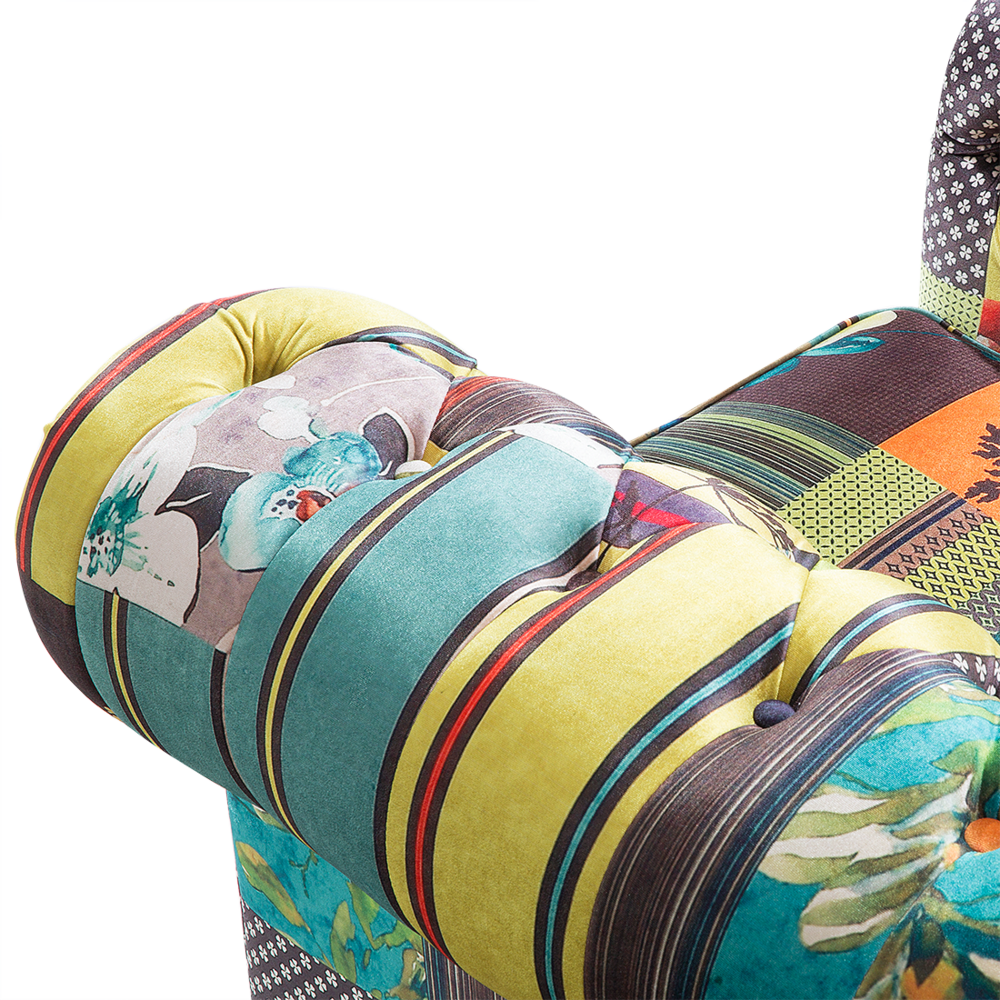 Poltrona Tessuto Multicolore Braccioli a voluta con inserti Giallo Patchwork Eclettico