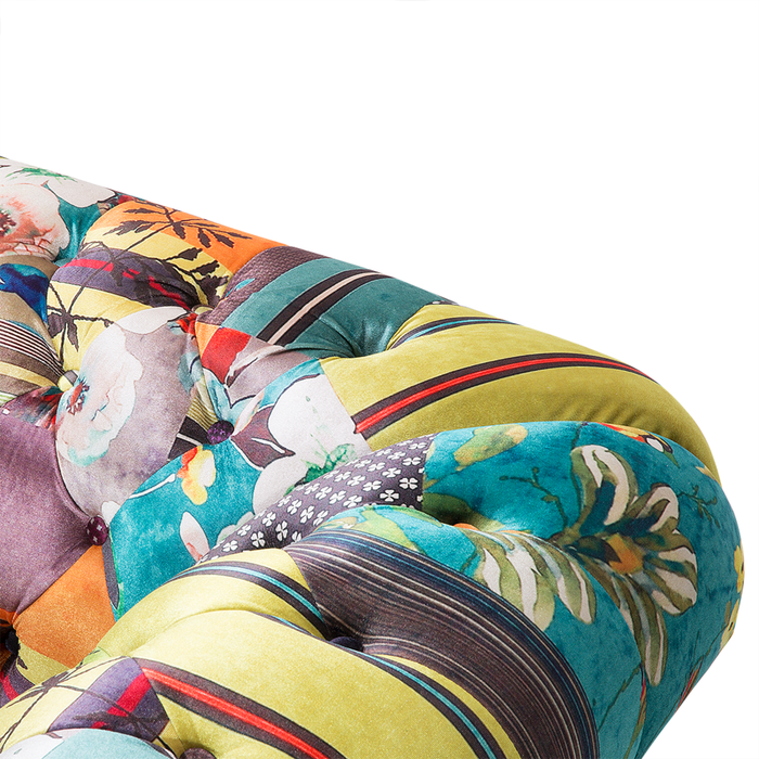 Poltrona Tessuto Multicolore Braccioli a voluta con inserti Giallo Patchwork Eclettico