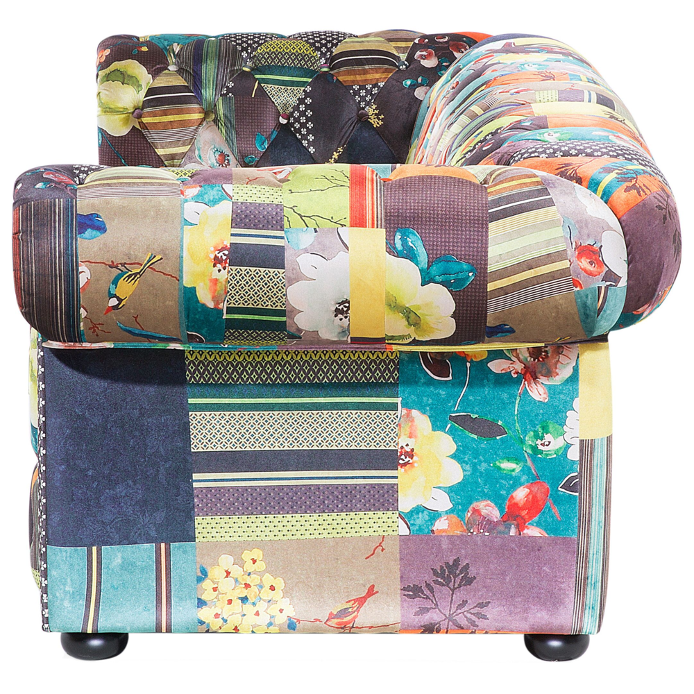 Divano a 3 posti Tessuto Multicolore Braccioli a voluta con inserti Patchwork giallo eclettico