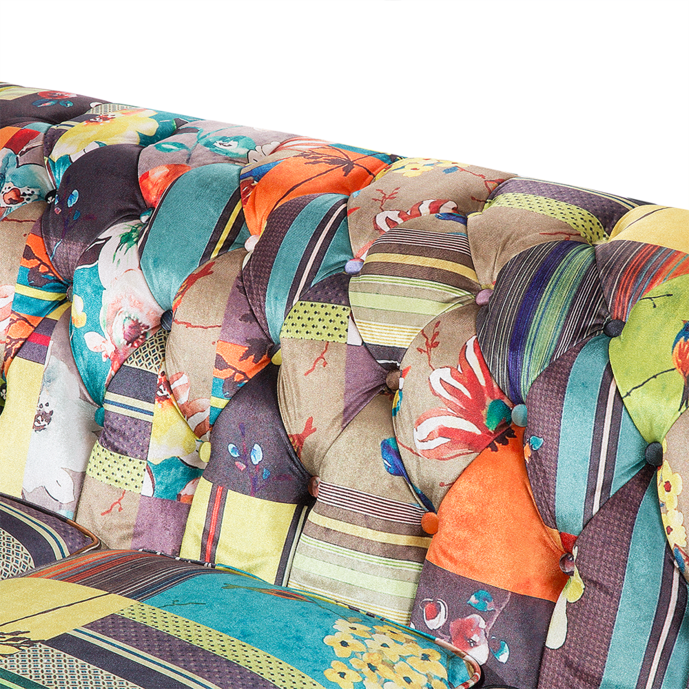 Divano a 3 posti Tessuto Multicolore Braccioli a voluta con inserti Patchwork giallo eclettico