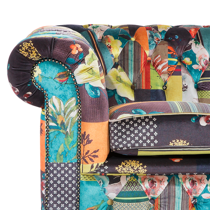 Divano a 3 posti Tessuto Multicolore Braccioli a voluta con inserti Patchwork giallo eclettico