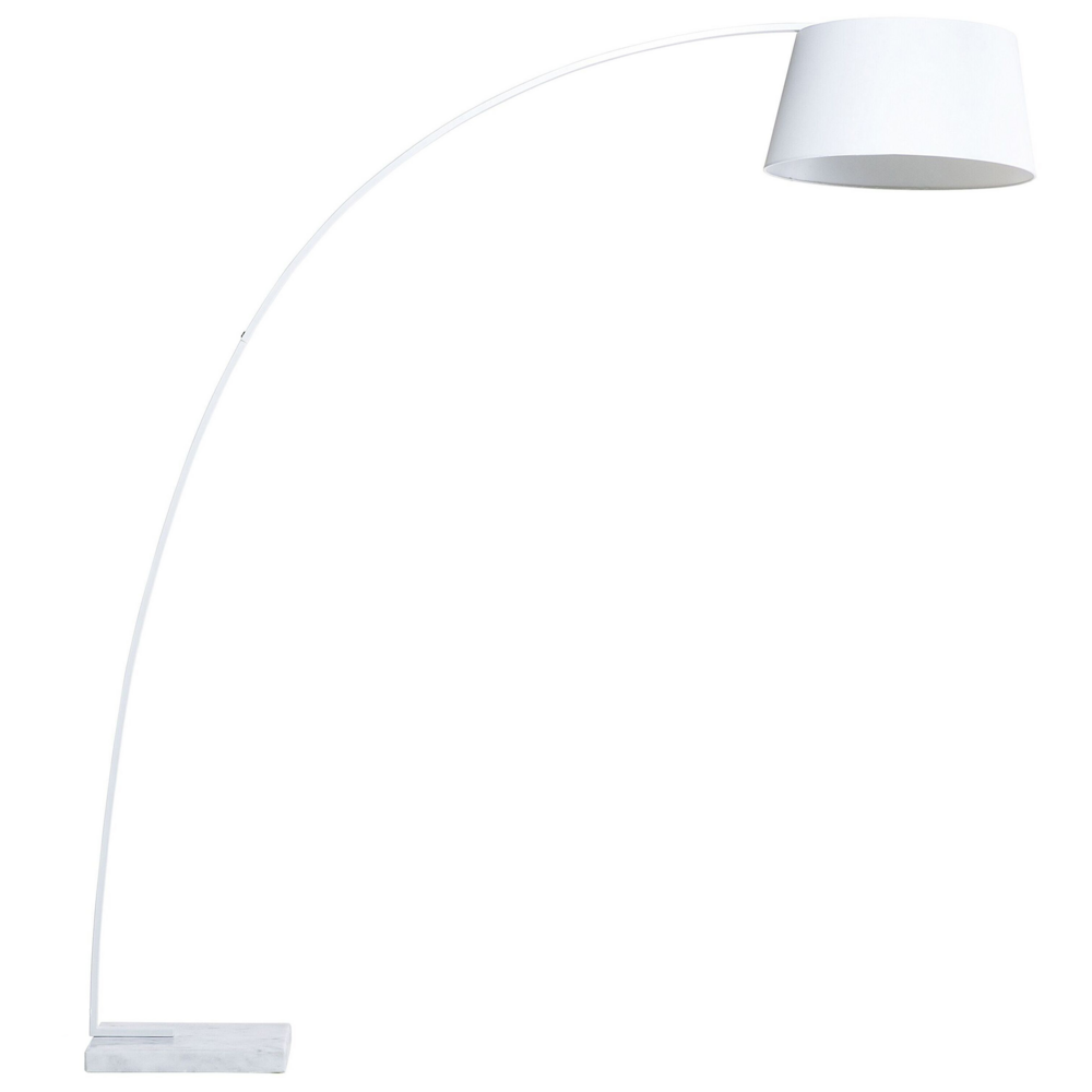 Lampada da terra in metallo bianco 234 cm con struttura curva paralume in policotone paralume a tamburo con base in marmo dal design moderno