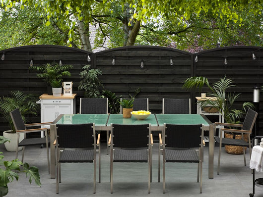 Set da pranzo da giardino Nero con piano in vetro incrinato sedie in rattan 8 posti 220 x 100 cm