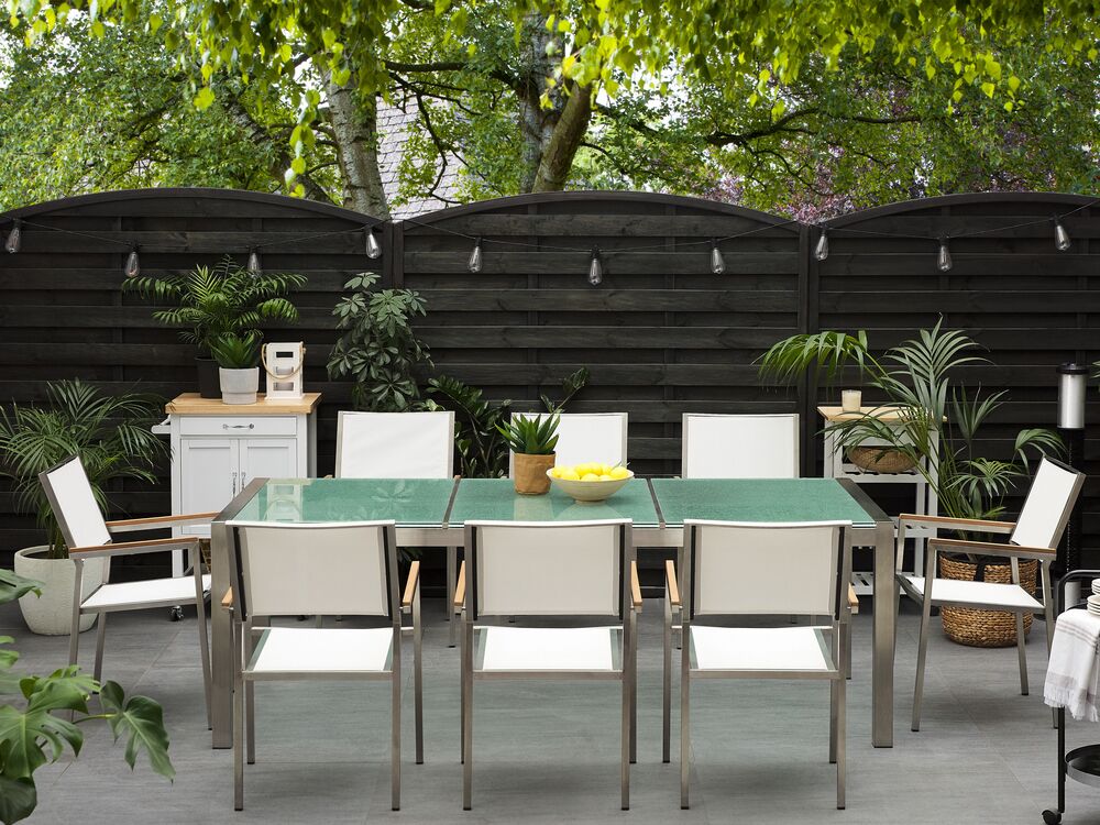 Set da pranzo da giardino bianco con piano in vetro incrinato 8 posti 220 x 100 cm