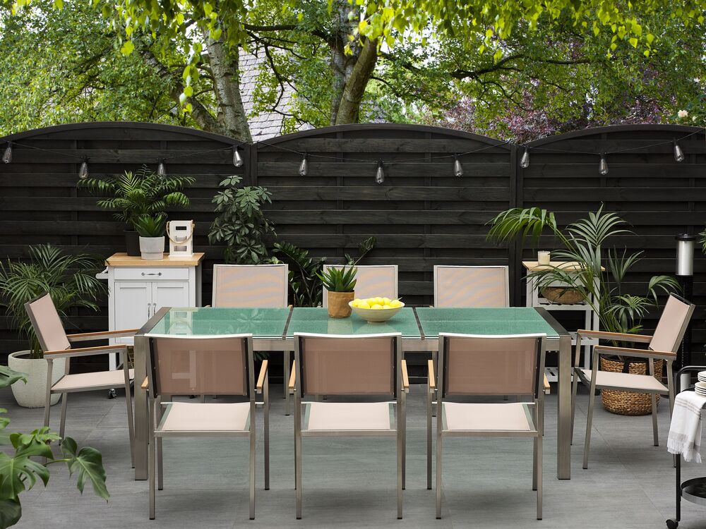 Set da pranzo da giardino beige con piano in vetro incrinato 8 posti 220 x 100 cm
