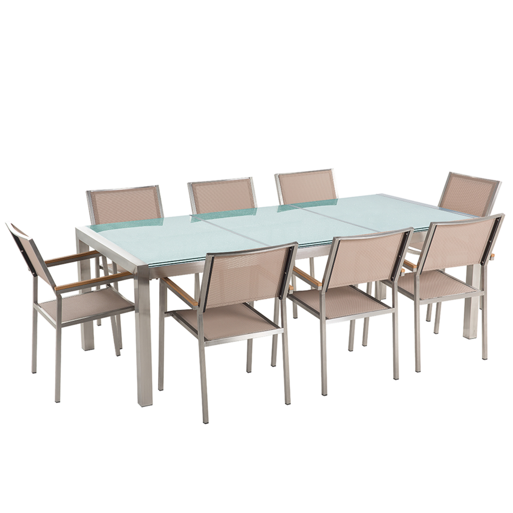 Set da pranzo da giardino beige con piano in vetro incrinato 8 posti 220 x 100 cm