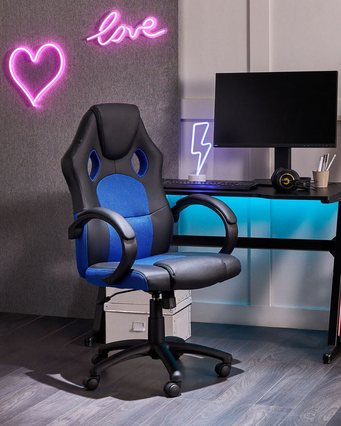 Sedia da ufficio Girevole regolabile in ecopelle nera e blu cobalto