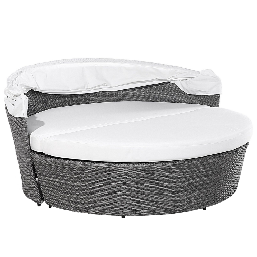 Lettino da giardino bianco e grigio finto rattan con cuscini Tavolino resistente alle intemperie