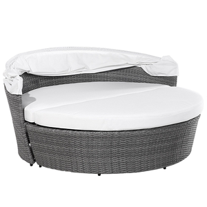 Lettino da giardino bianco e grigio finto rattan con cuscini Tavolino resistente alle intemperie