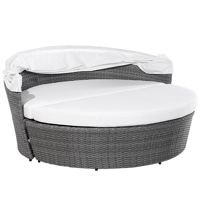 Lettino da giardino bianco e grigio finto rattan con cuscini Tavolino resistente alle intemperie