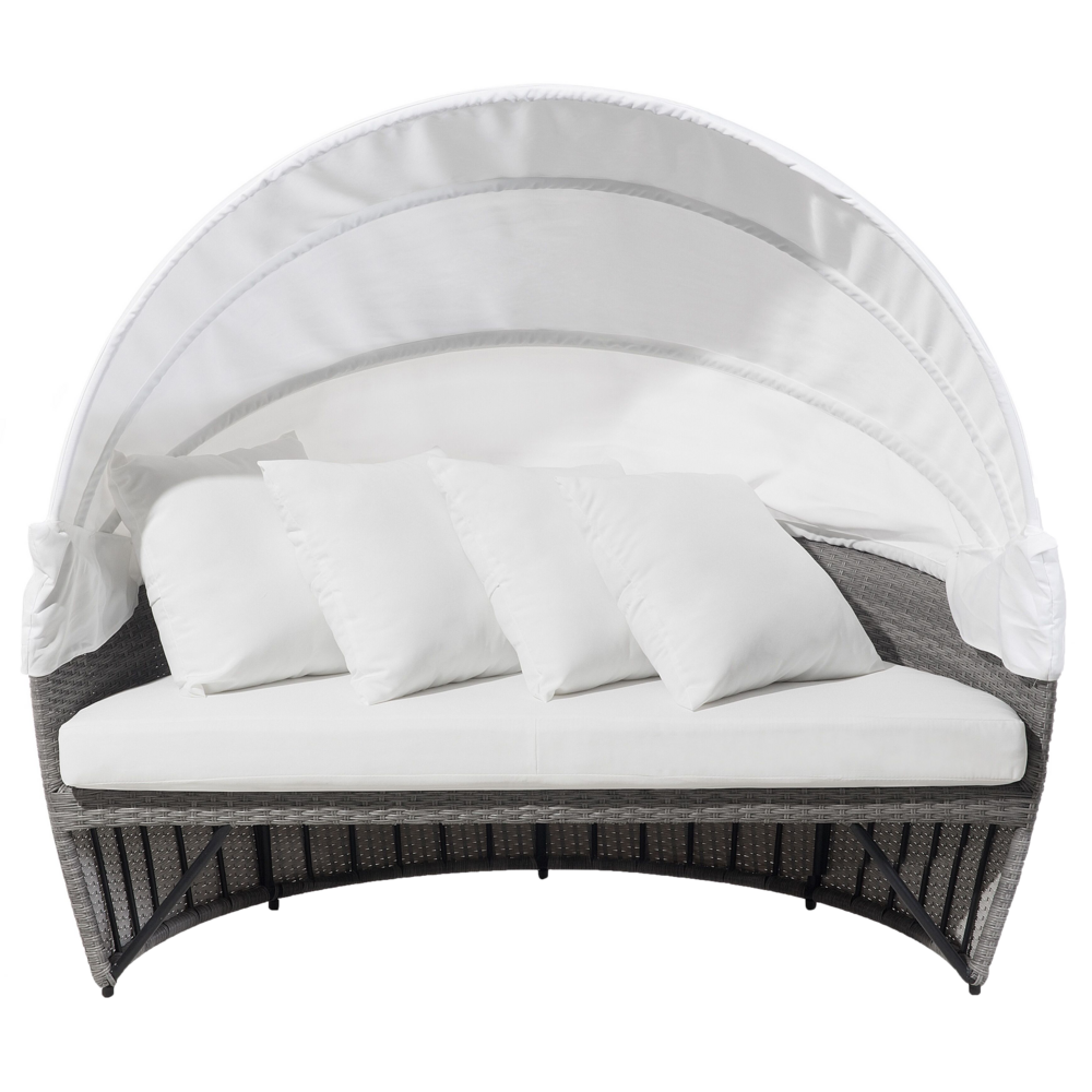 Lettino da giardino bianco e grigio finto rattan con cuscini Tavolino resistente alle intemperie