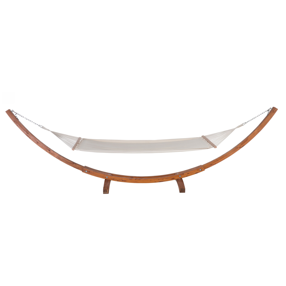 Amaca da giardino in cotone bianco con supporto ad arco in legno massello scuro autoportante