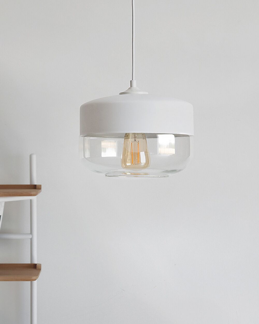 Lampadario Lampada a Sospensione Paralume in Vetro Trasparente Bianco Geometrico Rotondo Design Moderno