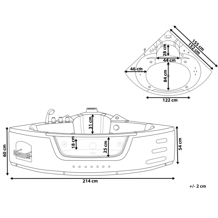 Punti Massaggio Vasca Angolare Nero Sanitario Acrilico e Vetro 215 x 155 cm