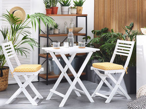 Set da bistrot 3 pezzi in legno massello di acacia bianco cuscini gialli a doghe pieghevoli design scandinavo moderno