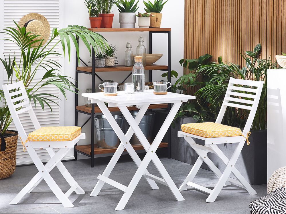 Set da bistrot 3 pezzi in legno massello di acacia bianco cuscini gialli a doghe pieghevoli design scandinavo moderno