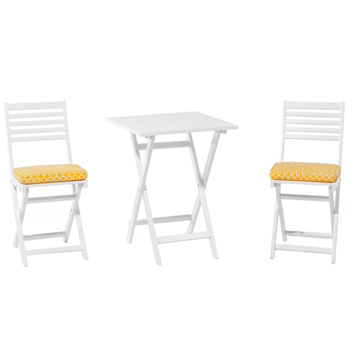 Set da bistrot 3 pezzi in legno massello di acacia bianco cuscini gialli a doghe pieghevoli design scandinavo moderno