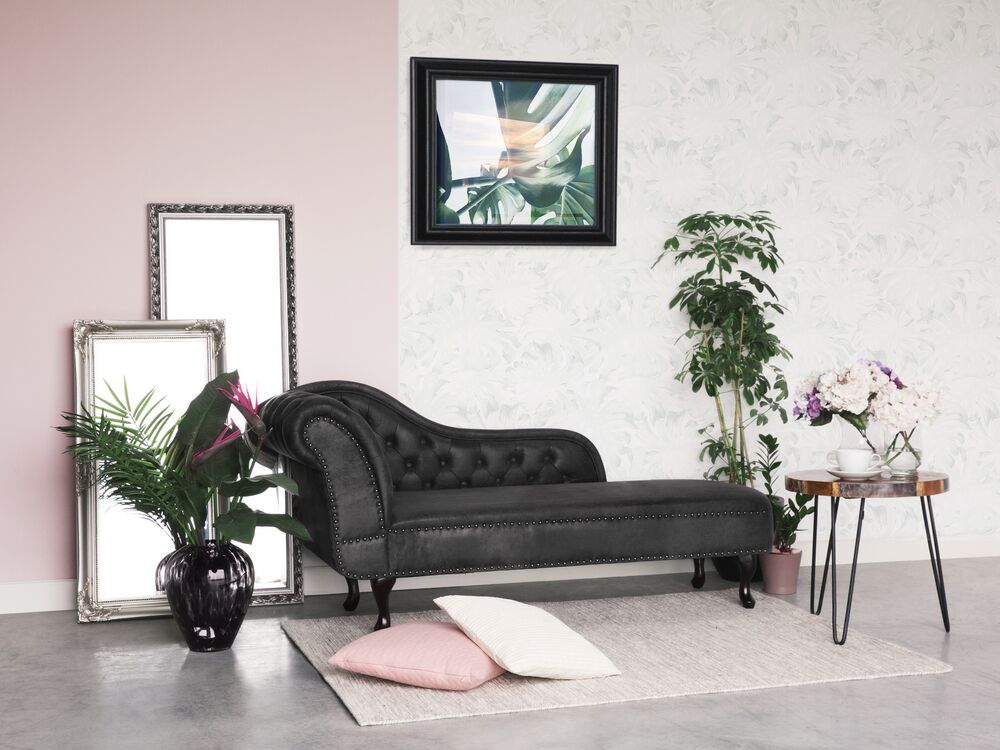 Chaise longue grigia con bottoni in finta pelle scamosciata moderna