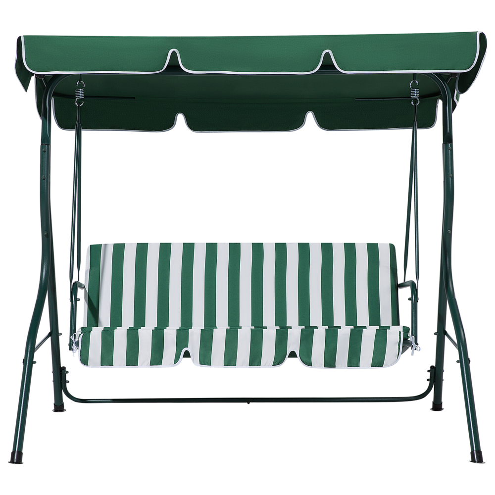 Altalena da giardino per patio con struttura in acciaio a rete a righe verdi a 3 posti con baldacchino