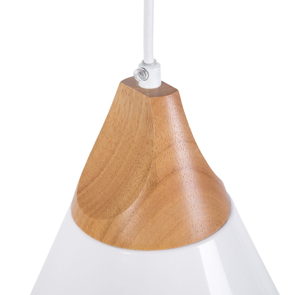 Lampadario in Metallo Bianco e Legno con Paralume a Forma di Cono
