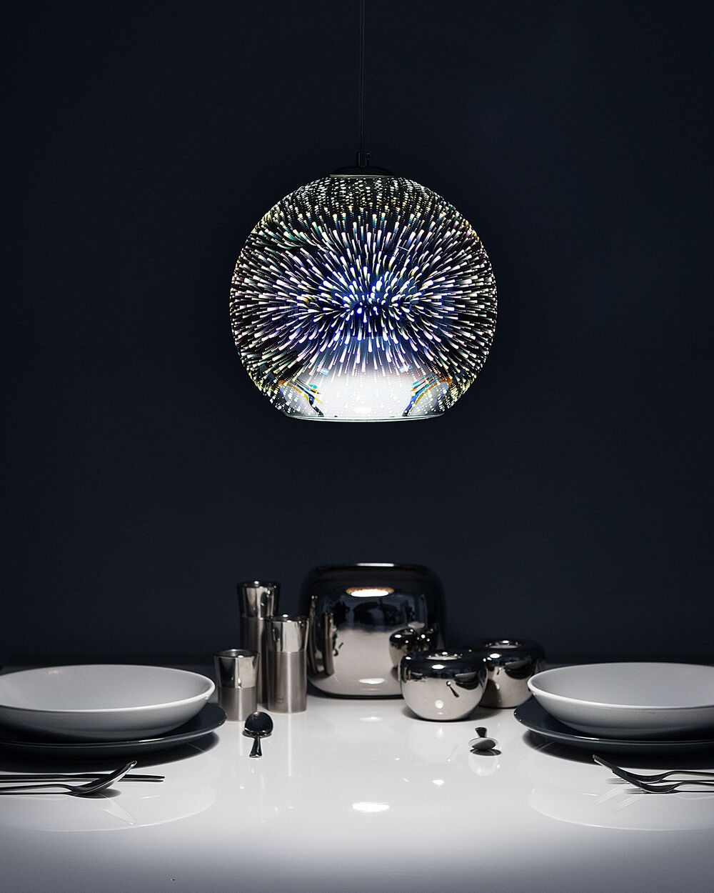 Lampadario in Vetro Argento lucido con Paralume Sferico Effetto 3D