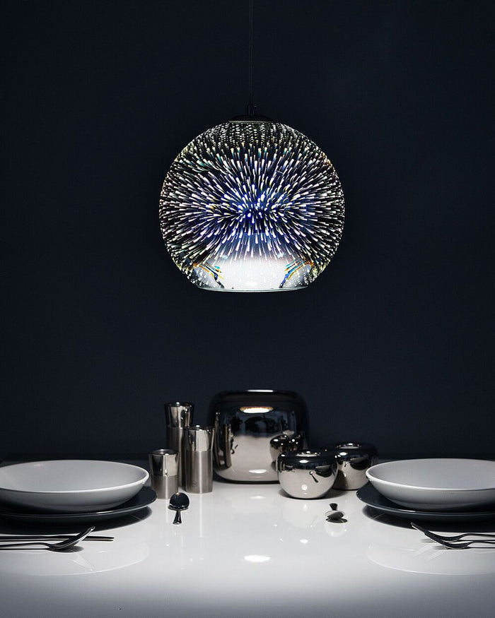Lampadario in Vetro Argento lucido con Paralume Sferico Effetto 3D