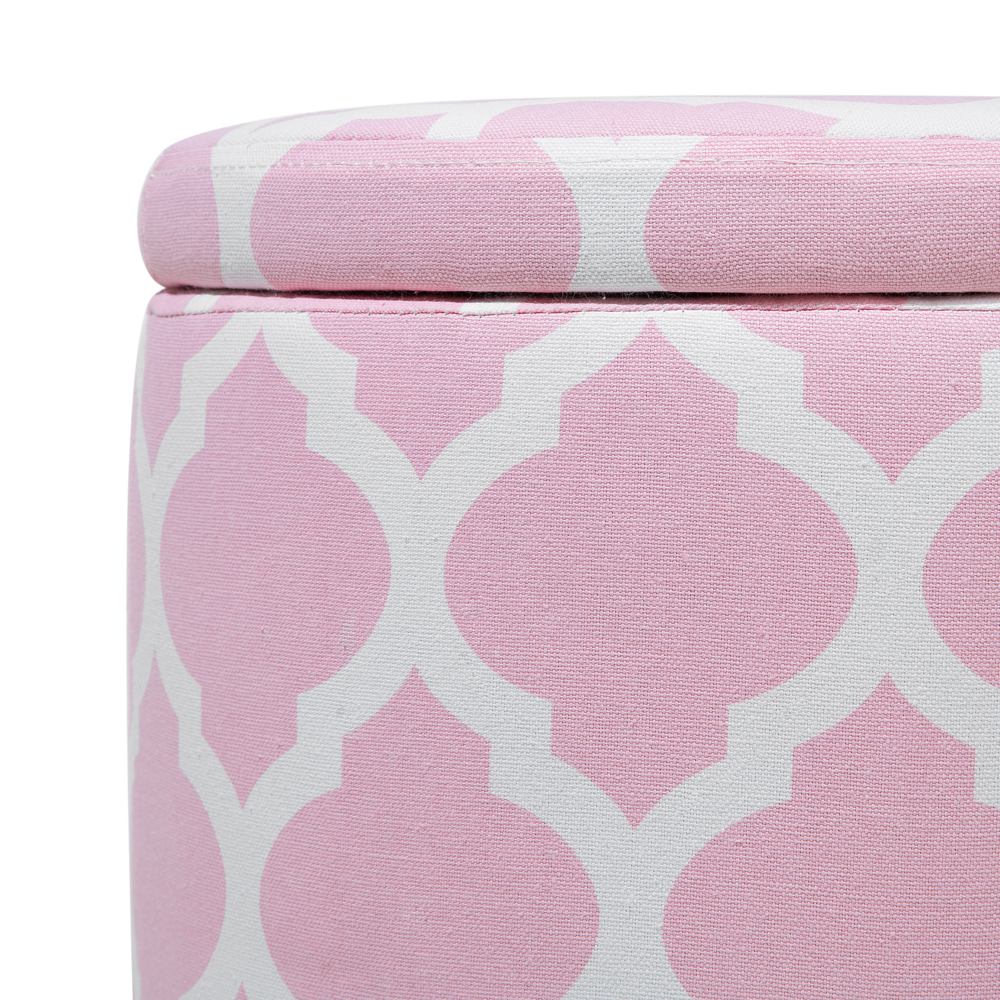 Poggiapiedi Sgabello Contenitore Rotondo a Quadrifogli Rosa e Bianco