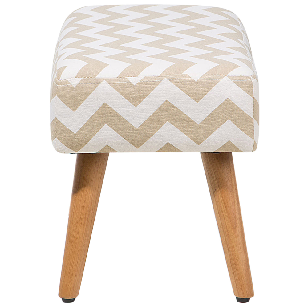 Poggiapiedi in Cotone Bianco e Beige a Zig Zag con Gambe in Legno
