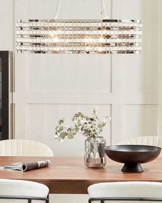 Lampadario in Metallo Argentato Paralume Ovale a 2 Luci con Cristalli in stile Glam