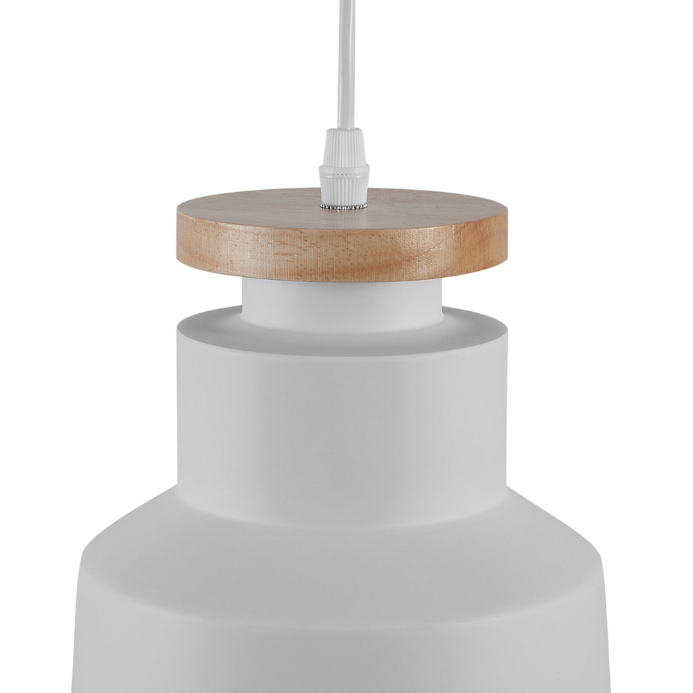 Lampadario in Metallo Bianco e Legno con Paralume a Forma di Cilindro