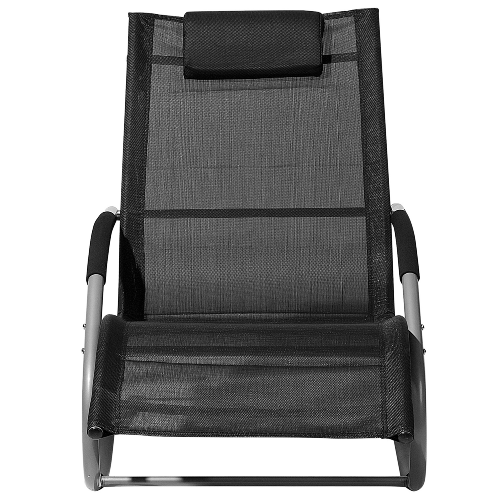 Lettino a dondolo in tessuto con guide in acciaio Nero con cuscino per la testa