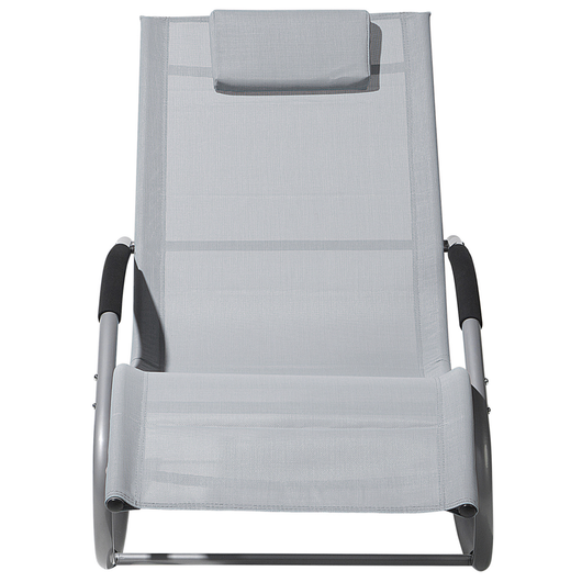 Lettino a dondolo con guide in acciaio grigio imbracatura in tessuto con cuscino per la testa